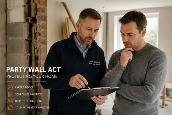 Party wall surveyor Wigston discussing extension plans with homeowner outside a UK semi-detached house.